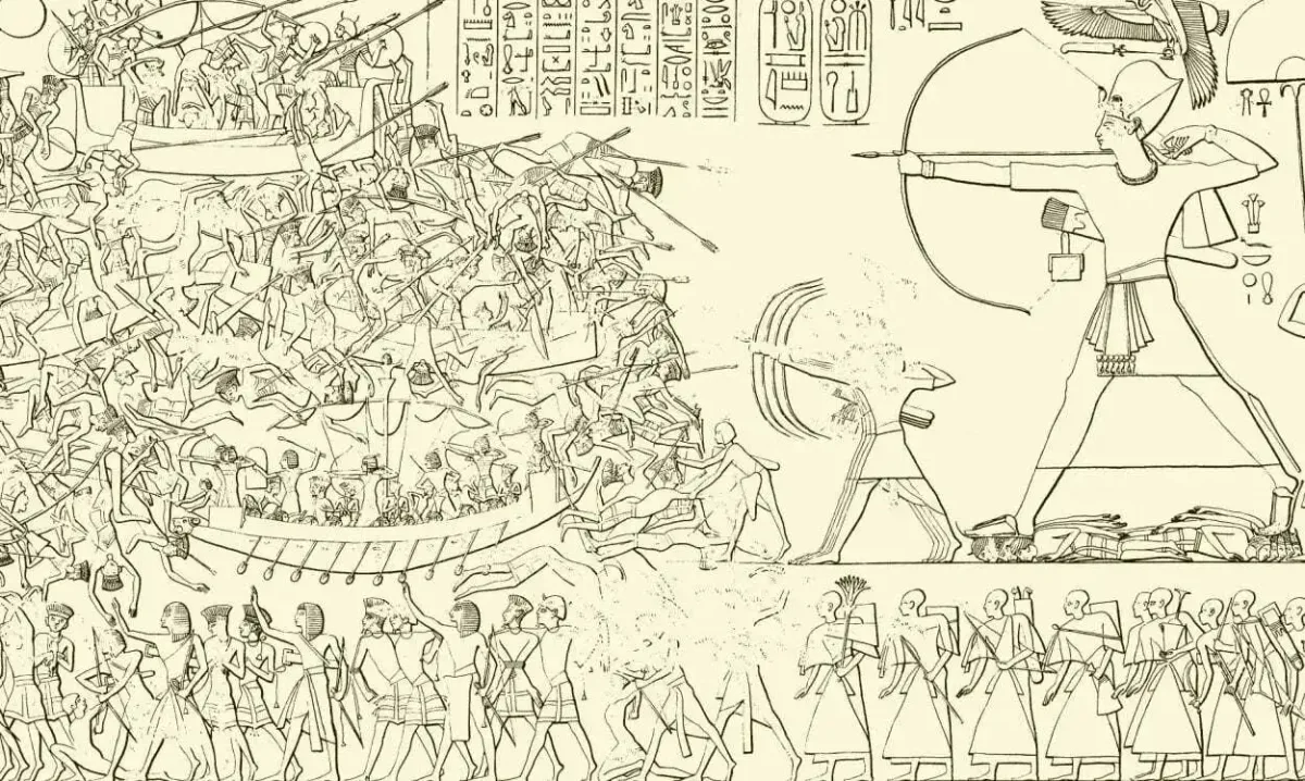 Egyptian relief from Medinet Habu temple showing Pharaoh Ramesses III attacking Sea Peoples ships with bow and arrow during the Battle of the Nile Delta