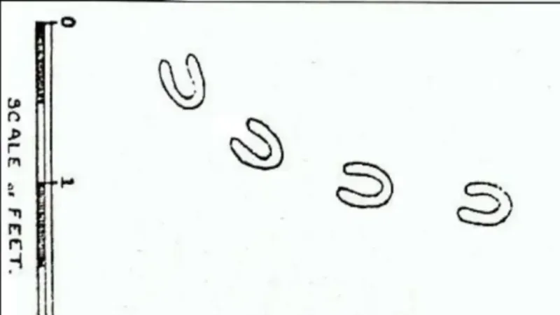 Historical illustration showing the unusual hoof-shaped Devil's Footprints reported in Devon, England, in February 1855, with a scale in feet.