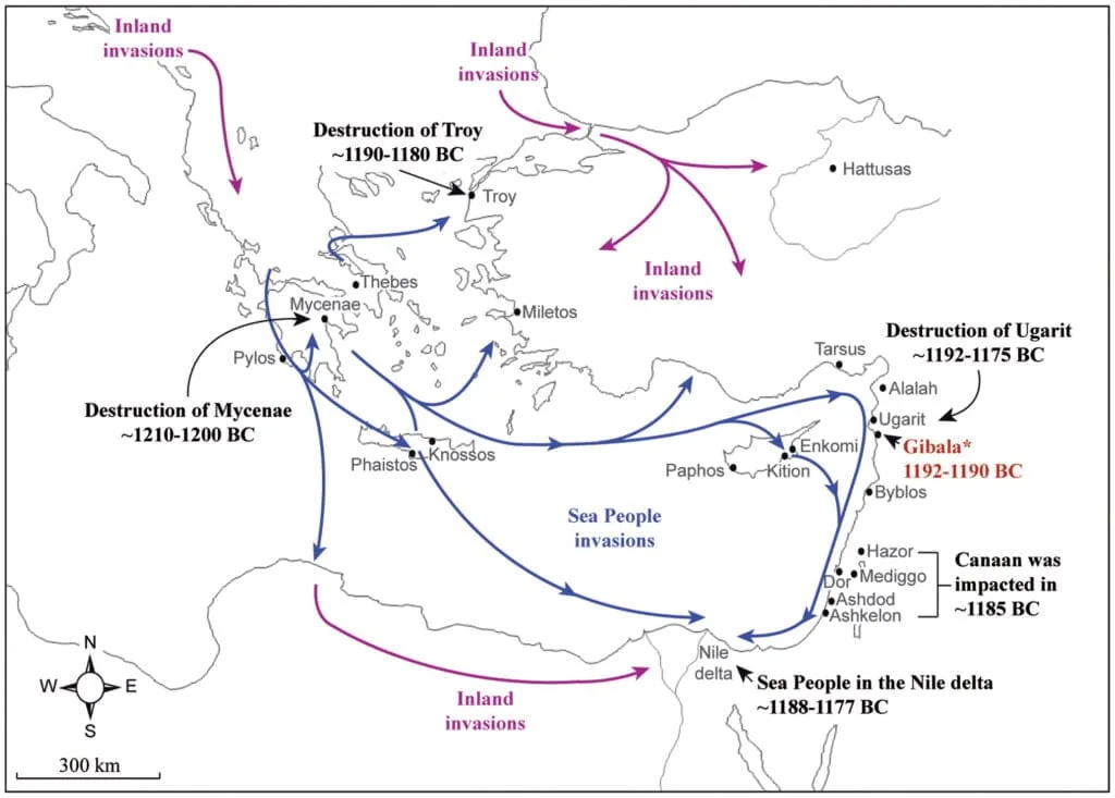 Map of Sea Peoples invasions and land migrations in the Eastern Mediterranean during the Bronze Age collapse